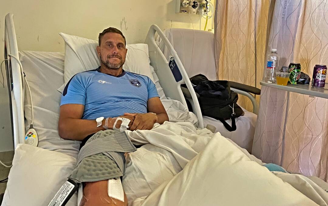 Tamworth Crows foundation president Jake Morris recovers from knee surgery in Tamworth hospital. Picture by Mark Bode