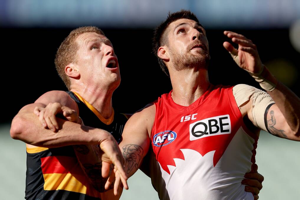 COMEBACK: Swans ruckman Sam Naismith battles the Crows' Reilly O'Brien in a round one clash in Adelaide last month. Photo: Sydney Swans Media