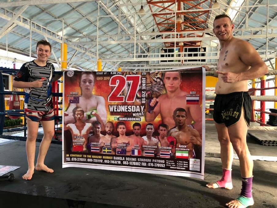 THAI TEST: Josh McCulloch and his trainer, Scott Chaffey, with the banner promoting McCulloch's first overseas fight. Photo: Facebook