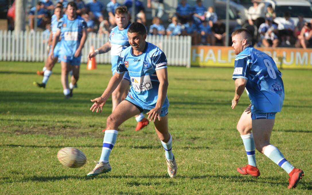 STAR POWER: Blues halfback Josh Trindall has slotted a golden-point field goal to sink Kooty at Collins Park.