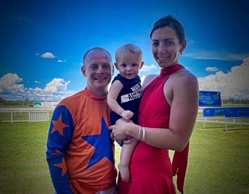 SHINNING BRIGHT: The Muswellbrook jockey and trainer team of Billy Cray and Krissie-lea Simpkins and their son, Alby, after a win at Quirindi on Sunday. Photo: Mark Bode