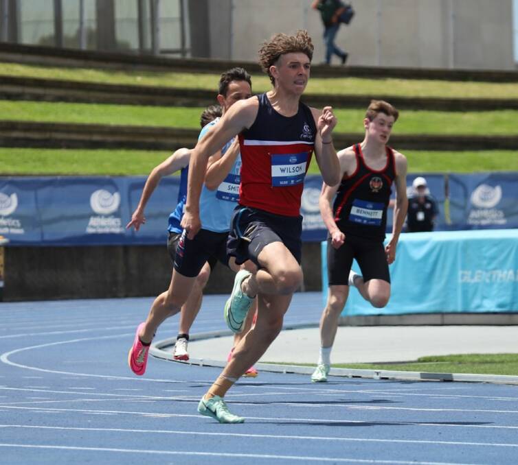 Wilson powers to victory in the 200m final at the NSW All Schools Championships at the Sydney Olympic Park Athletic Centre in October, 2023. Picture by David Tarbotton/Athletics NSW