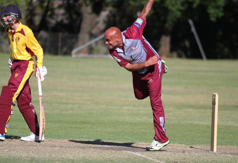 NO JOY: West Tamworth opening bowler Eddie Davis bends the back en route to 0-30 off five overs. Photo: Mark Bode