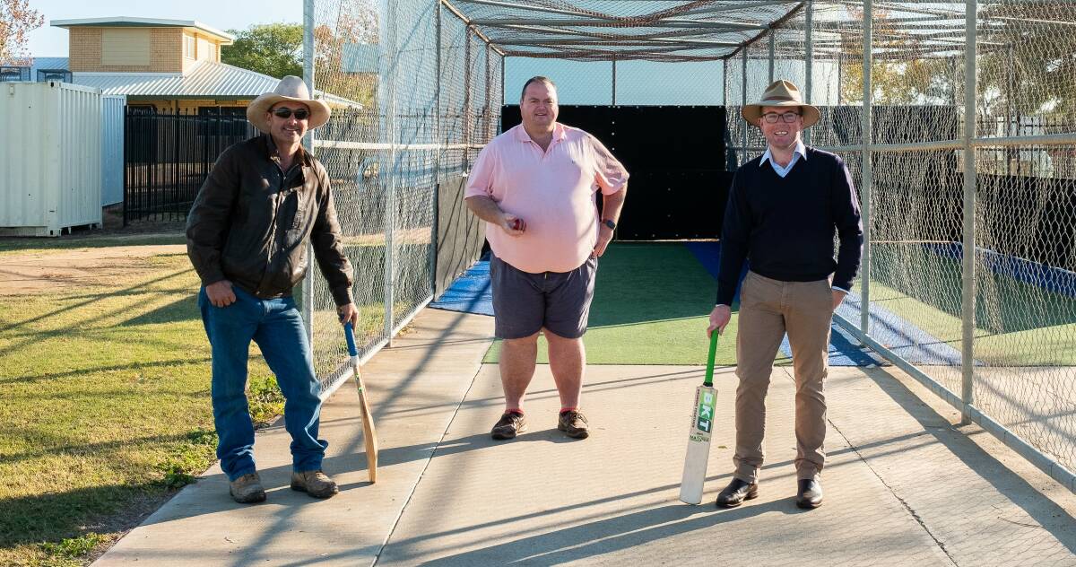 TOP TRIO: Moree Junior Cricket Association president Kris Grasnick, left, vice president David Watts and Northern Tablelands MP Adam Marshall at Ron Harborne Oval.