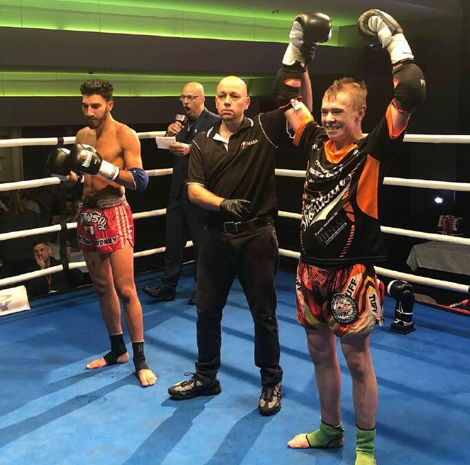 UPWARD TRAJECTORY: Tamworth muay thai fighter Josh McCulloch beats Ibrahim Abousaleh on the Central Coast on Saturday night. Photo: Facebook