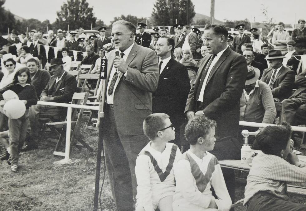HISTORIC: Jack at the opening of North Tamworth's ground on Manilla Road in 1967. He is standing directly behind the guest speaker, then North Sydney Bears president Harry McKinnon.