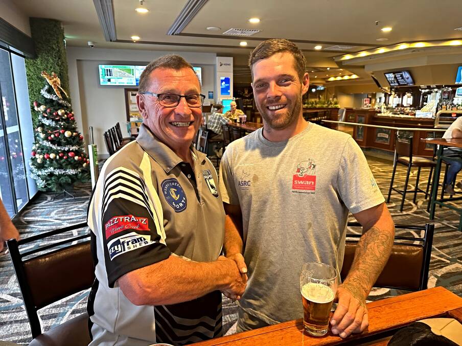 Werris Creek coach Rocky Stewart and Mitch Doring shake on it after the playmaker signed with the club at Wests League Club on Friday, November 24. Picture supplied