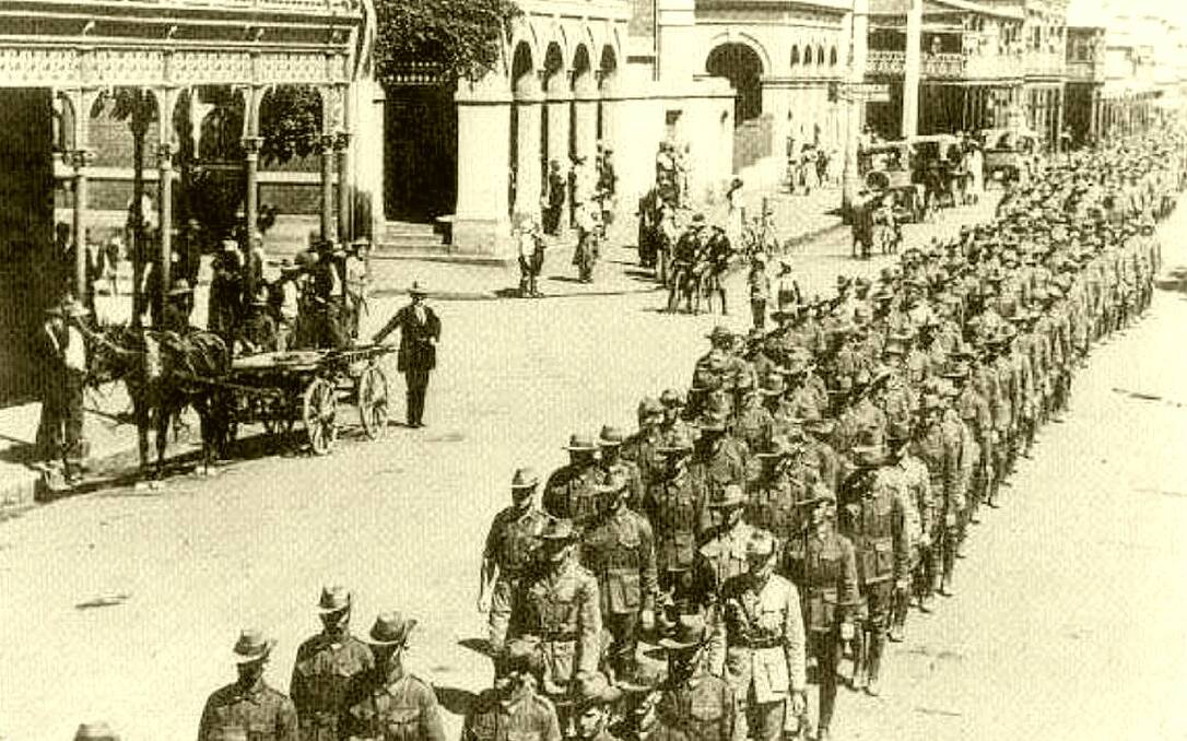 Military scene: 33rd Battalion marching through Armidale in 1916. The camp was set up at the showground.