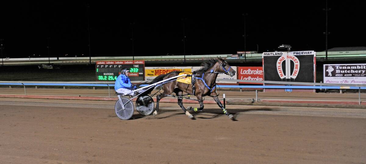 ON FIRE: Narrabri pacer Limousine Livia, driven by Brad Elder, wins at Maitland on Monday. Photo: First Place Photography.