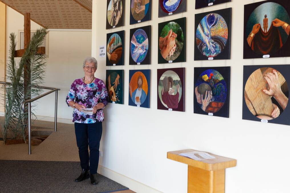 Southside Uniting Church: Pat Cummins with the Faith and Art artworks on display.