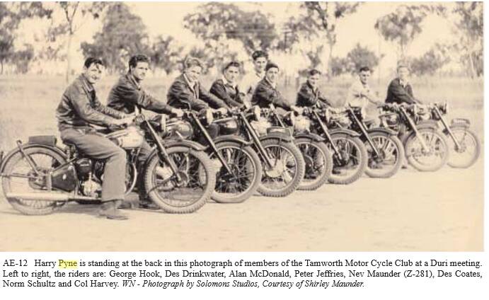 Harry Pyne is standing at the back in this photograph of members of the Tamworth Motor Cycle Club at a Duri meeting. Photo: Solomons Studios