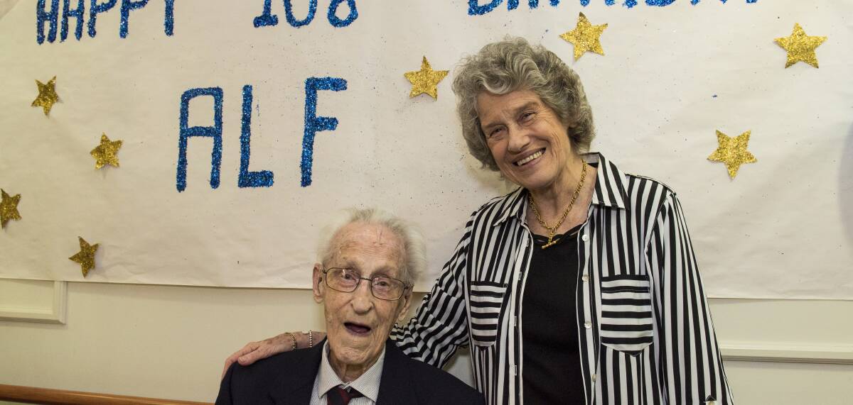 TALE TO TELL: Alf Powell celebrates his 108th birthday with daughter Judith Archbold at Bupa in Tamworth. Photo: Peter Hardin 160916PHF011