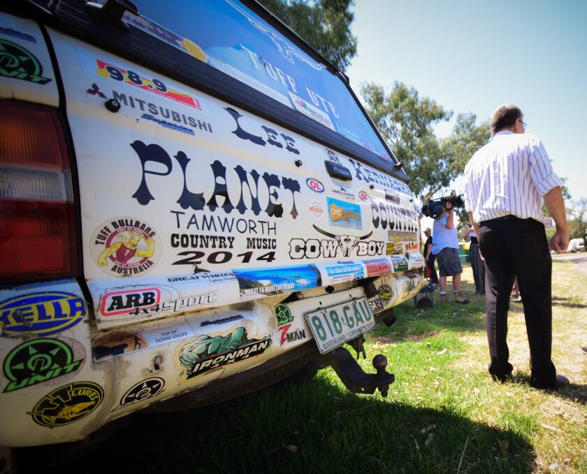 Queensland camper Peter Horton's sticker-clad car. Photo: Simon McCarthy