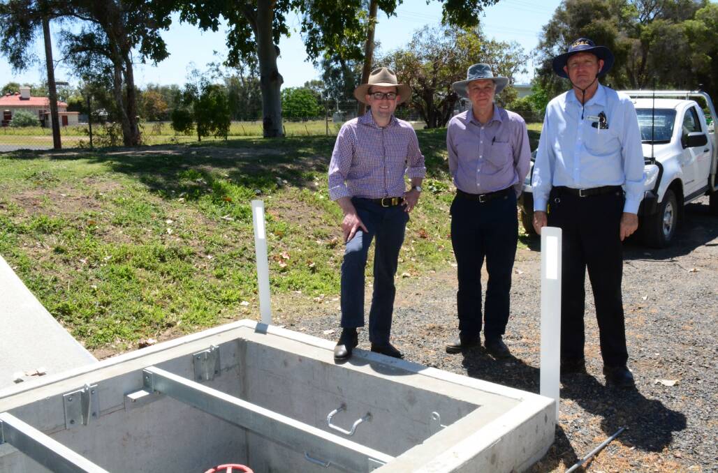 PIPE DREAM: Northern Tablelands MP Adam Marshall visits recently-completed treatment works with Moree Plains Shire Council's John Carleton and Roland Heatley.