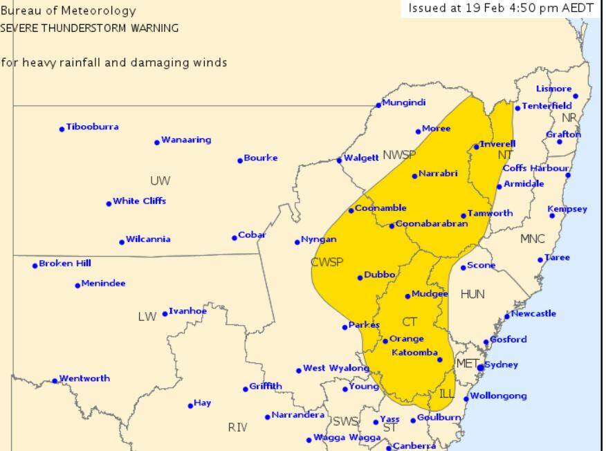 A severe thunderstorm warning is in place for Tamworth. Image: Bureau of Meteorology