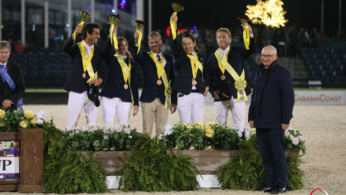 Australian Jumping Team claim third place at CSIO4* Nations Cup in America. From left to right - Rowan Willis, Hilary Scott, Todd Hinde (Chef dEquipe), Amy Graham, Scott Keach. Photo: Sportfot. 