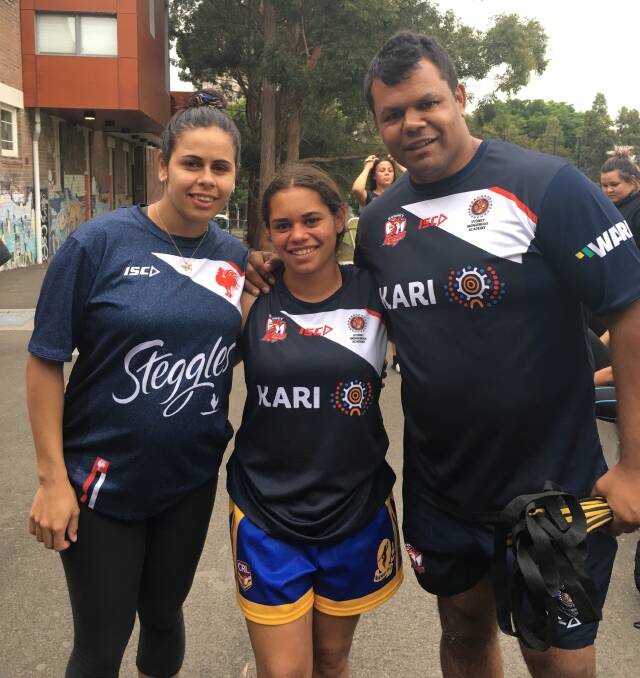 ON THE RISE: Roosters WNRL player Nakia Davis-Welsh, her cousin Kayla Kim and ex-NRL player Dean Widders. 