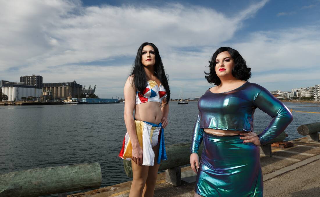 INSULTED: Drag performers Jessica, left, and Nova in Newcastle on Sunday. Jessica is wearing the outfit Finnegan's Hotel deemed did not meet its dress code for men or women. Picture: Max Mason-Hubers