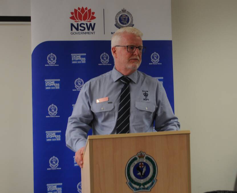 Hay fraud: Detective Inspector Cameron Whiteside of the Rural Crime Prevention team addressing the media on the investigation. Photo: Taylor Jurd.
