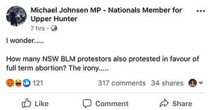 Upper Hunter MP Michael Johnsen defends Black Lives Matter-abortion post