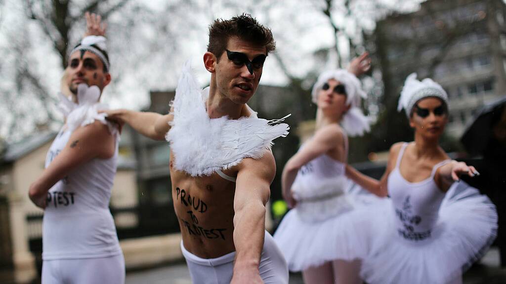 Ballet dancers at a protest outside the Russian Embassy in London. Picture: Getty IMages