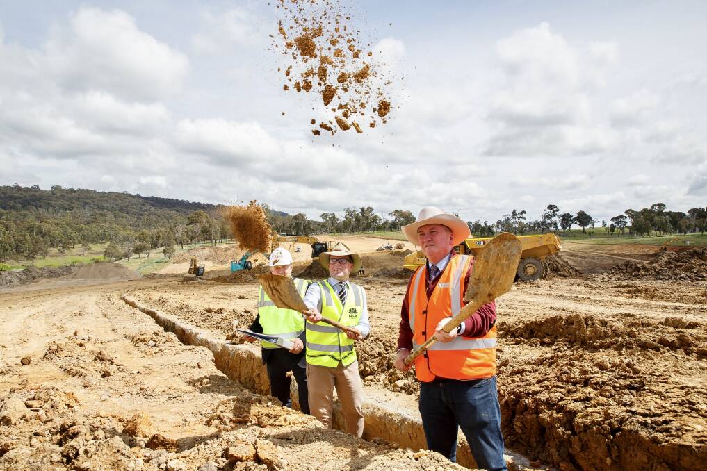 Walcha mayor Eric Noakes, Northern Tablelands MP Adam Marshall and New England MP Barnaby Joyce celebrate the start of construction on the $11 million Walcha off stream storage dam. Picture supplied