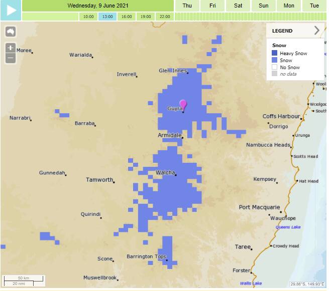 WILD WEATHER: Where snow is expected to fall on Wednesday afternoon. Photo: BoM MetEye