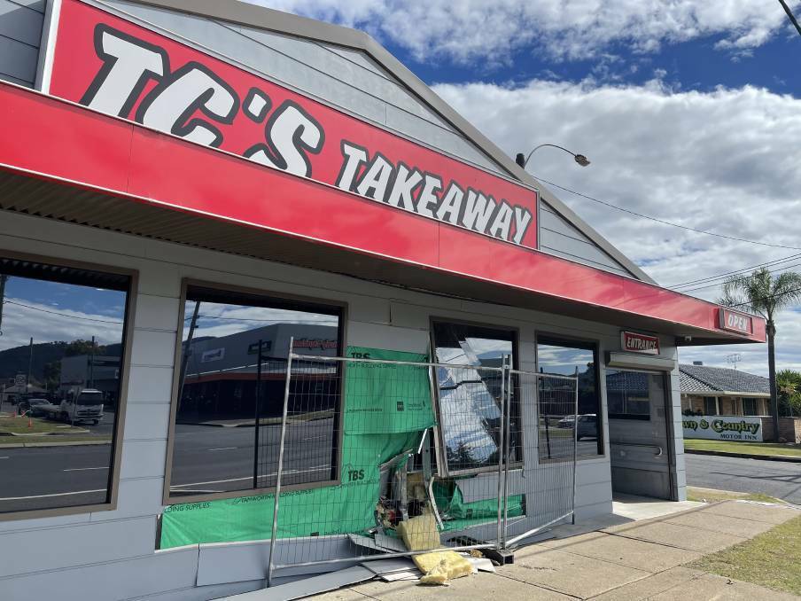 DAMAGE DONE: The aftermath of the crash at TC's Takeaway in South Tamworth. Photo: Peter Hardin
