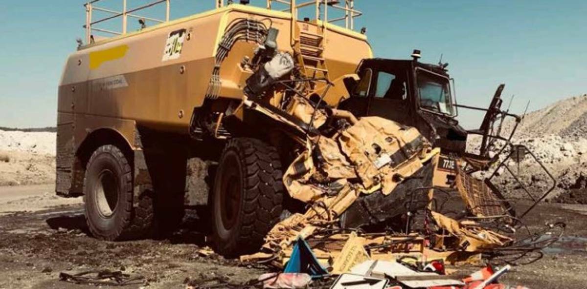 PAY UP: A 100-tonne service truck hit the side of a 500-tonne haul truck in 2018, resulting in "catastrophic damage" to the service truck and hospitalising its driver. Photo: Supplied