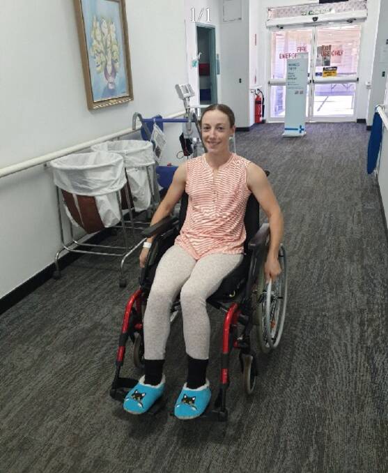 HARD YAKKA: Jemma Wilson has had to teach her muscles how to move properly again after being in a wheelchair for about six weeks. Photo: Supplied