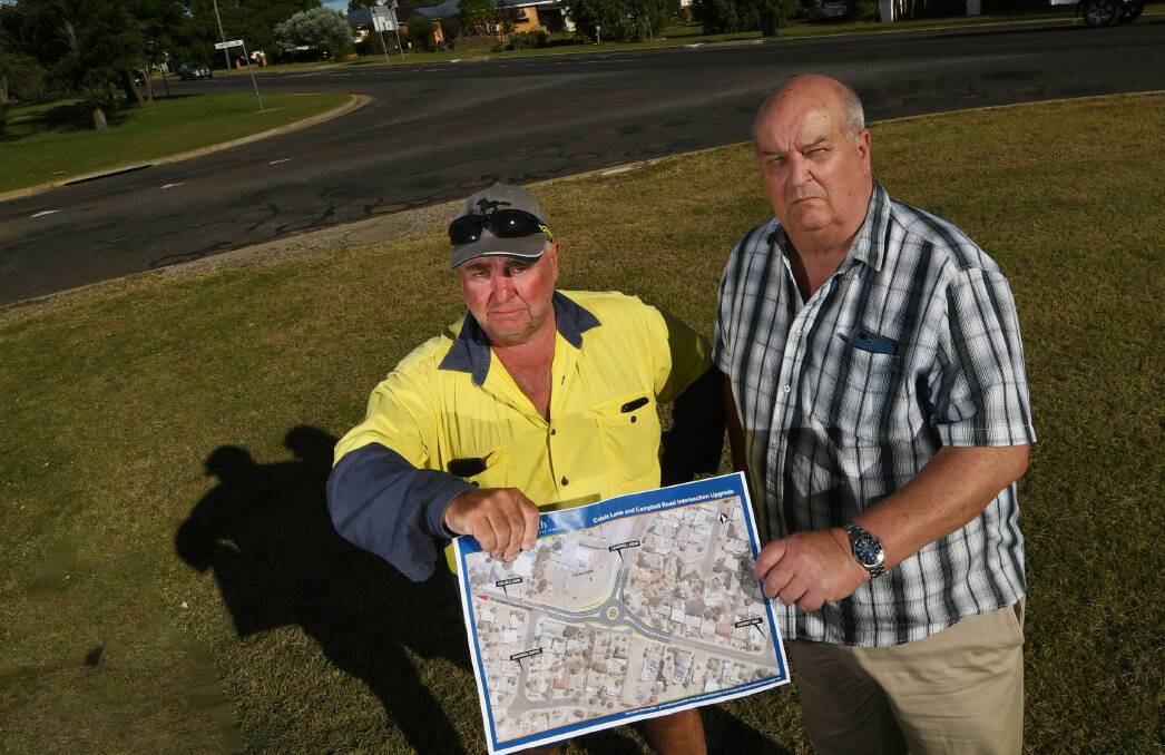 NOT HERE: Calala resident Brad Welsh and former Tamworth Regional Council traffic committee chairman Ray Tait are outraged about the upgrade design. Photo: Gareth Gardner