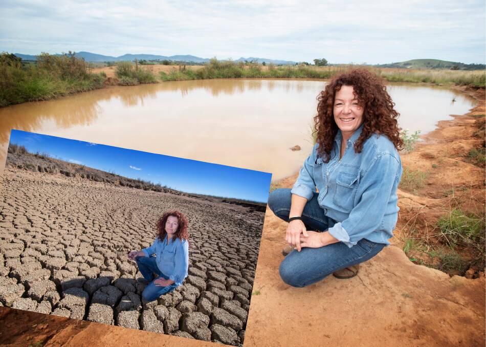 RECOVERING: Karen Nugent at her Loomberah property on Christmas Eve. Inset: Ms Nugent in her bone-dry dam in 2018. Photos: Peter Hardin