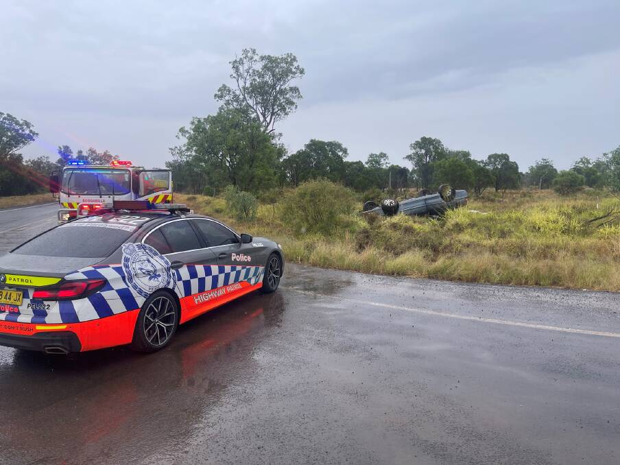The woman's car rolled as she tried to turn off the highway. Picture supplied by NSW Traffic and Highway Patrol Command 