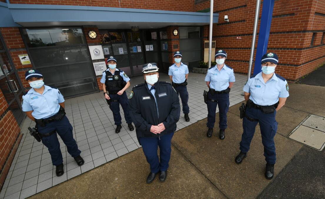 FRESH FACES: Maree Vongphachan, Tayla Phillis, Superintendent Kylie Endemi, Kiara Briggs, Sharna Toi and Nicola Duval at Tamworth Police Station during the new recruits' first week on the beat. Photo: Gareth Gardner 121021GGB06