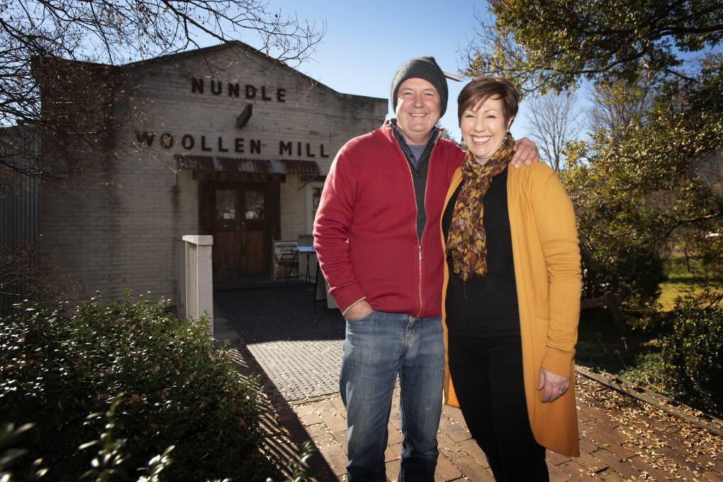 WINTER CHILL: Nundle Woollen Mill owners Nick and Kylie Bradford. Photo: Peter Hardin
