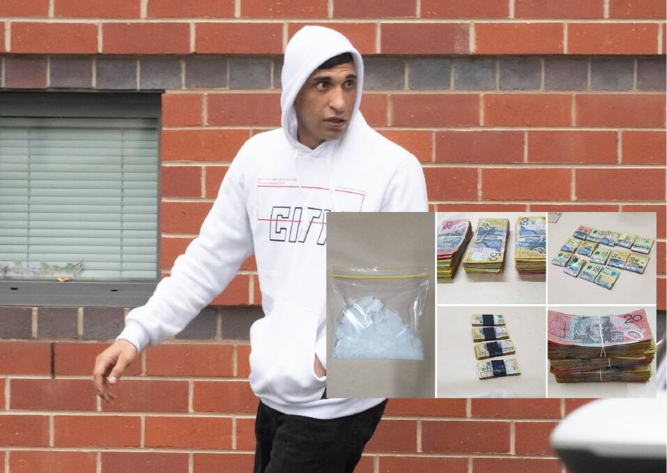 Ali Goulzari Anvar walks from Tamworth court after being handed a jail term in the community, and inset, the drugs and cash uncovered in the car. Pictures by Peter Hardin, Oxley police