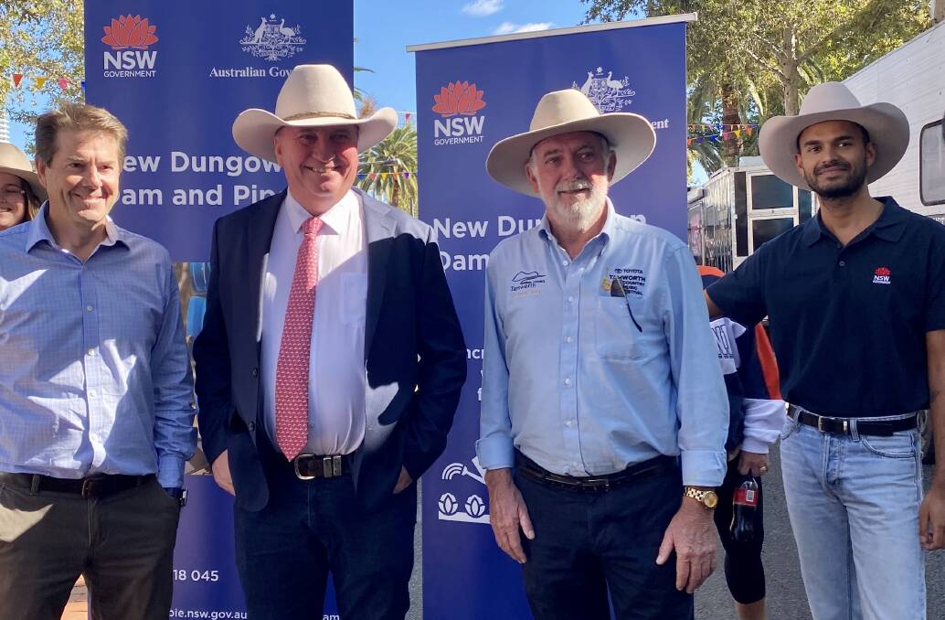 DAM TIME: Tamworth MP Kevin Anderson, deputy prime minister Barnaby Joyce, mayor Russell Webb and the NSW government's Ash D'Souza. Photo: Anna Falkenmire