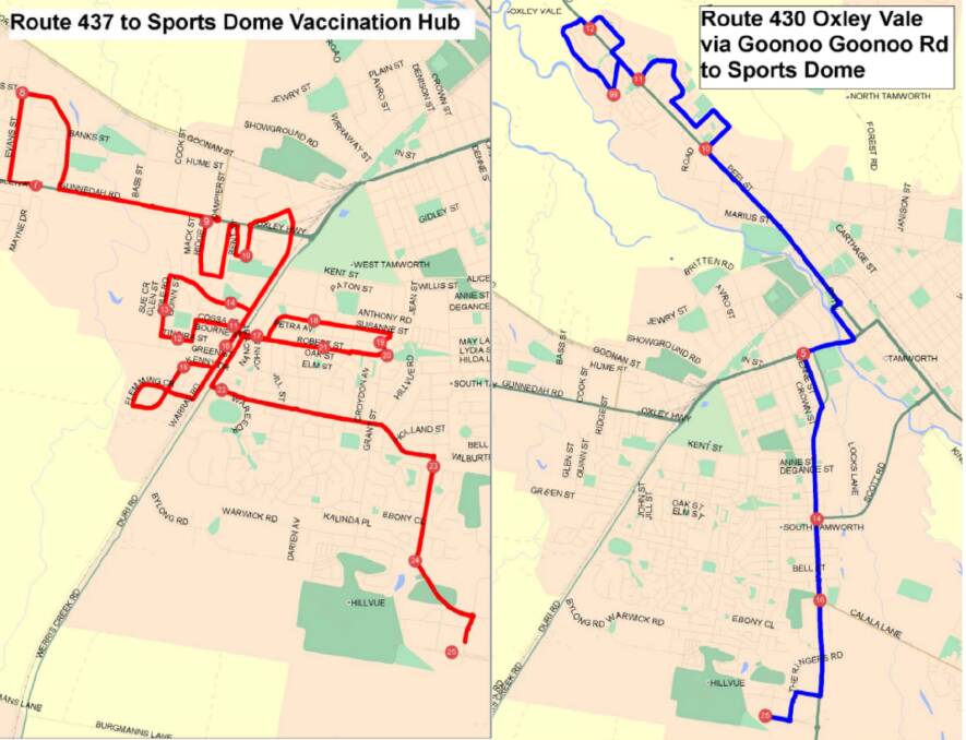 MAPS: There will be free bus routes to the sports dome for the mass vaccination hub on Sunday. Photo: Tamworth Regional Council