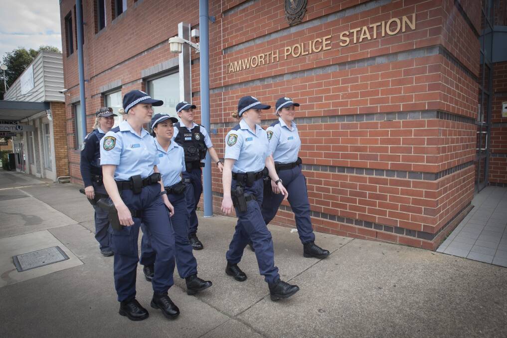 Five of the seven new Oxley recruits at Tamworth Police Station on Monday. Picture by Peter Hardin
