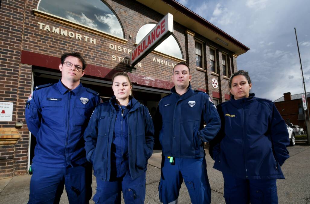 WIT'S END: Tamworth paramedics Hudson Evans, Ellen Pike, Adam Ferris, Lisa Sproates are sick of being forced to take overtime to respond to non-emergencies. Photo: Gareth Gardner