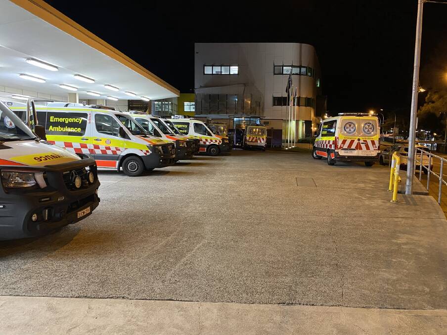 BED BLOCK: Ambulances backed up waiting for beds to clear at John Hunter Hospital in 2020. Photo: Australian Paramedics Association