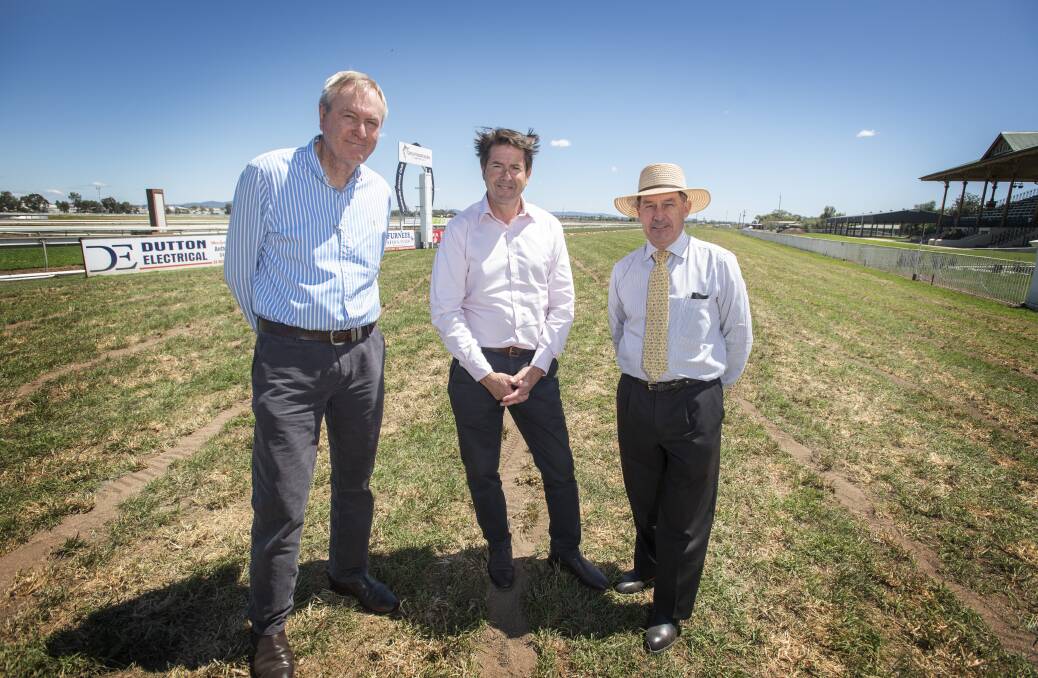 INQUIRY LAUNCHED: Tamworth Jockey Club chairman Barry Burnett, Racing Minister and Tamworth MP Kevin Anderson and TJC general manager Wayne Wood at the track upgrade launch earlier in 2020. Photo: Peter Hardin