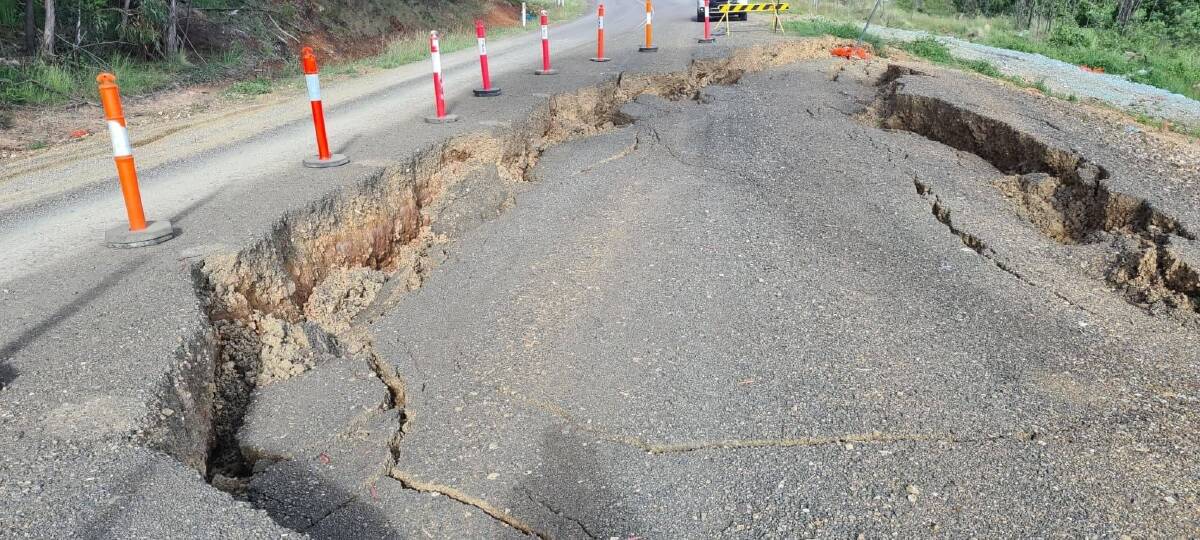 WRECKED: One lane of Barry Road may remain closed for months, after the Hanging Rock road slipped away during wet weather this week. Photo: supplied