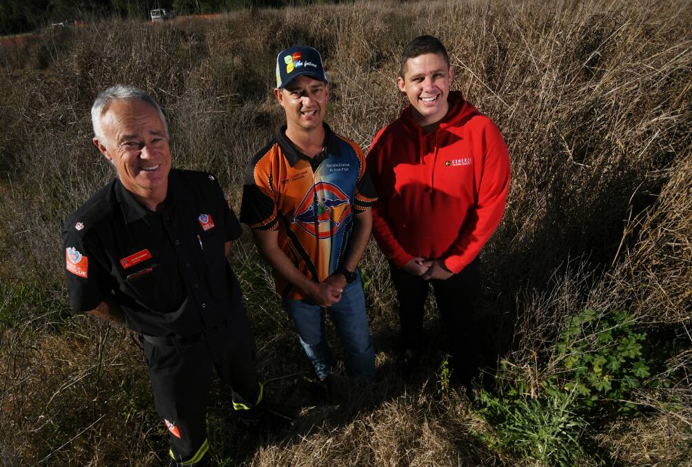 FIRED UP: Fire and Rescue NSW Inspector Peter Nugent, Local Land Services Luke Raveneau and Gomeroi Culture Academy Director Marc Sutherland. Photo: Gareth Gardner