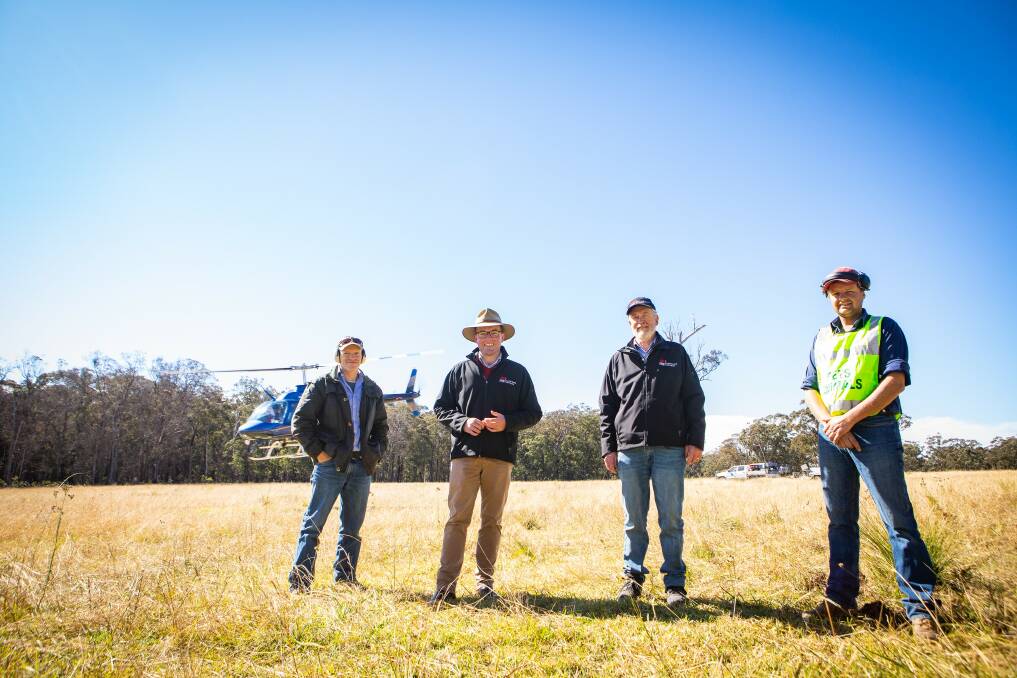 CELEBRATION: Northern Tablelands Local Lands Service general manager Paul Hutchings, Northern Tablelands MP Adam Marshall, board chair Grahame Marriott and biosecurity officer Perry Newman celebrate a successful baiting run. Photo: Supplied 