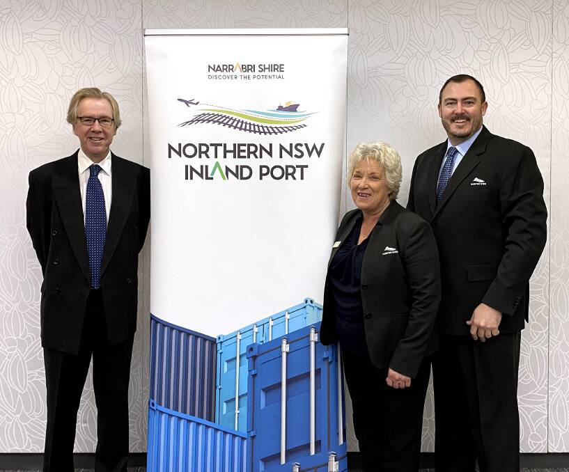 BIG OPPORTUNITY: Economic Development Manager Bill Birch, Mayor Cathy Redding and General Manager Stewart Todd reveal the project logo. Photo: Narrabri Shire Council