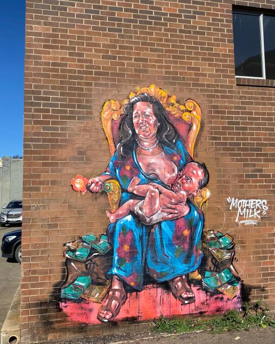 STITCH UP: Guerrilla artist Scott Marsh was behind "mother's milk", a mural sending up Barnaby Joyce in the middle of his electorate. Photo: Laurie Bullock