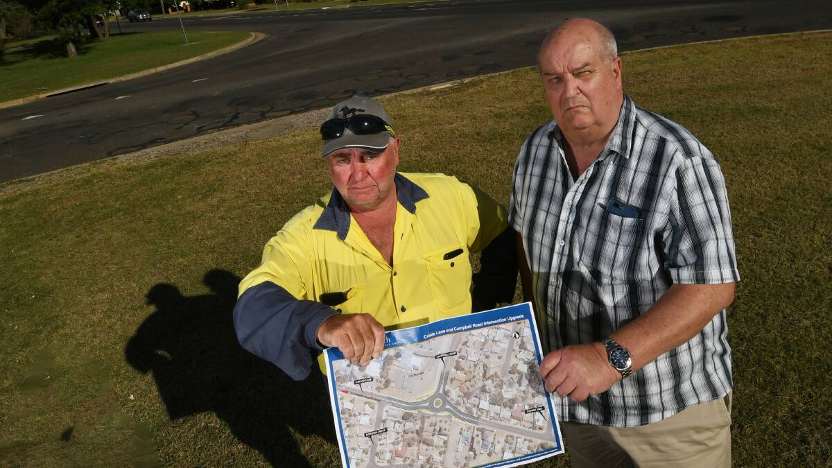 SECOND LOOK: Calala resident Brad Welsh wants Tamworth Regional Council to have a second look at the design. With former Tamworth Regional Council traffic committee chairman Ray Tait. Photo: Gareth Gardner