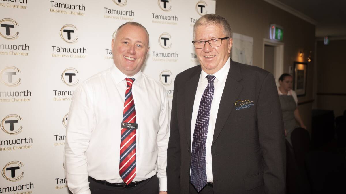 BIG PLANS: Tamworth Business Chamber president Jye Segboer with mayor Col Murray at the State of the City economic update on Friday. Photo: Peter Hardin 210220PHA001