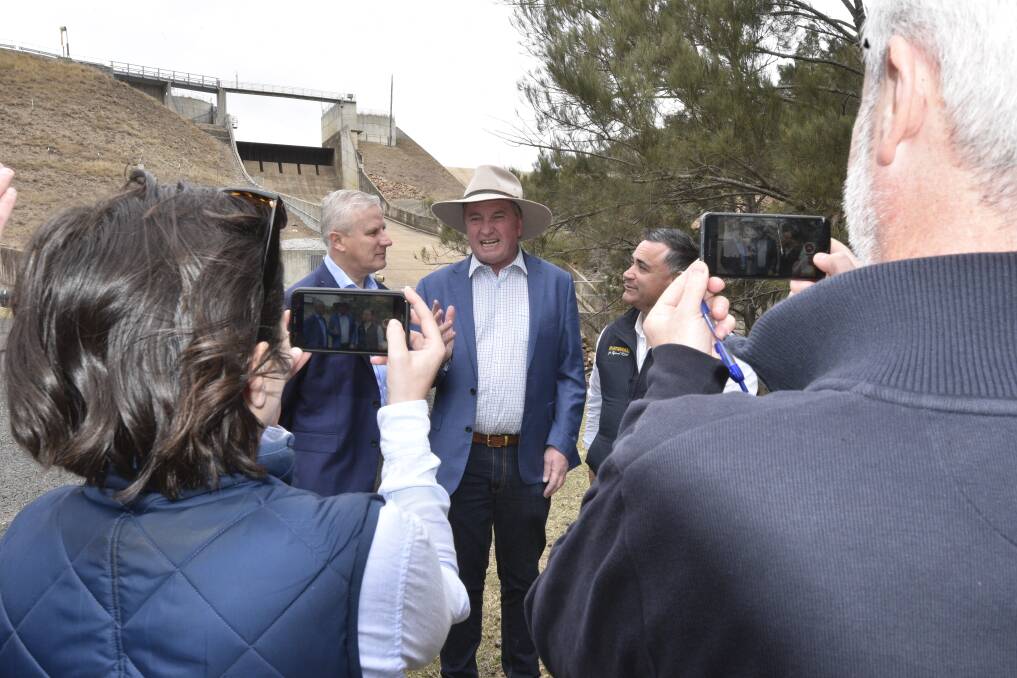DAMMING IDEA: Barnaby Joyce, then-Deputy Prime Minister Michael McCormack and Deputy Premier John Barilaro announce the new Dungowan Dam project in 2019. Photo: Jacob McArthur